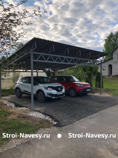 Односкатный автонавес с профлистом для 2х автомобилей